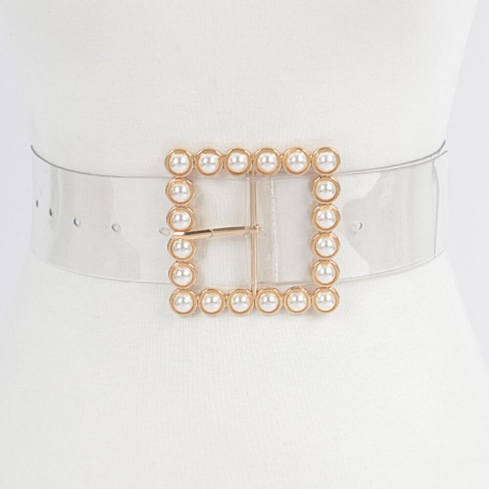 BNWT Plus Size Faux Pearl Square Buckle Cleared Transparent Fashion Belt